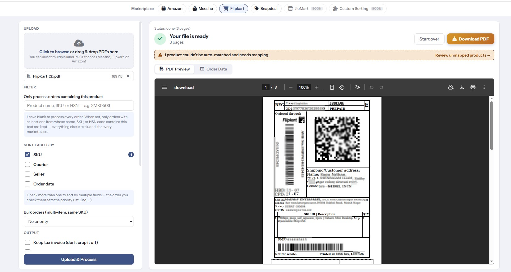 The iSellerEngine processing view: marketplace tabs, upload panel with sort and split options, and the output preview pane